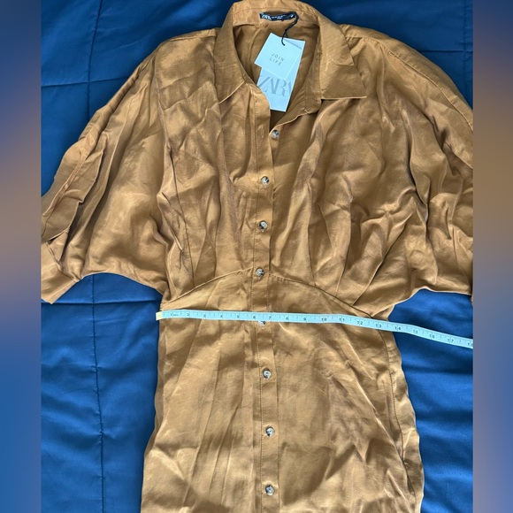 Zara NWT Women's Satin Pleated Midi Shirt Dress in Toffee (Gold) Size X-Small - Picture 6 of 12